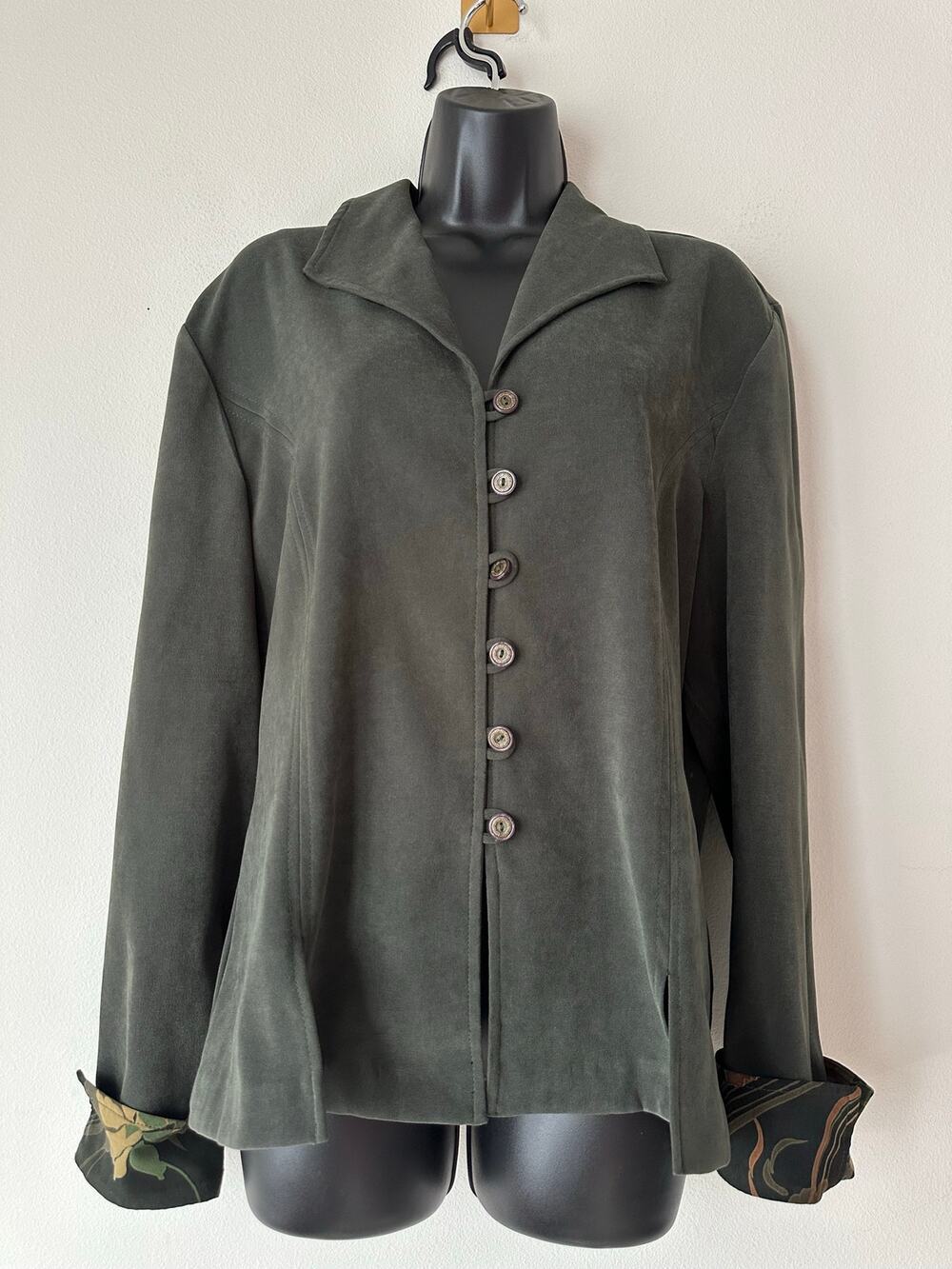 Vintage 90s Olive Green Lightweight Fall Jacket Boho Art to Wear Floral Cuffs